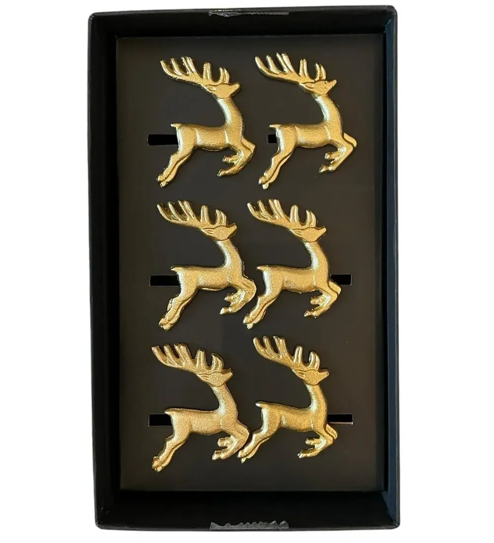 6pc Tahari Christmas Reindeer Napkin Rings Gold Holiday Glam New
